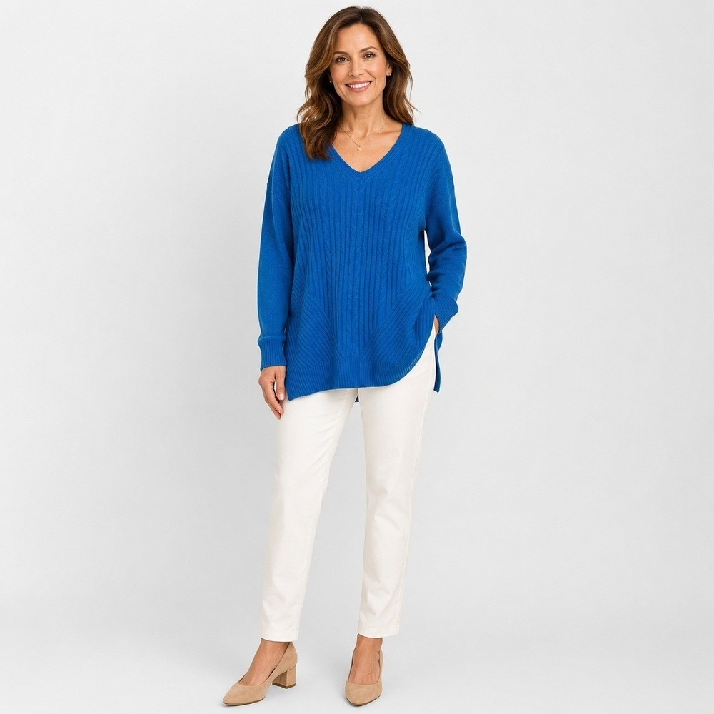 Chaps Pullover Sweater Womens Plus 2X Blue Cable Knit Cotton Acrylic Blend Vneck